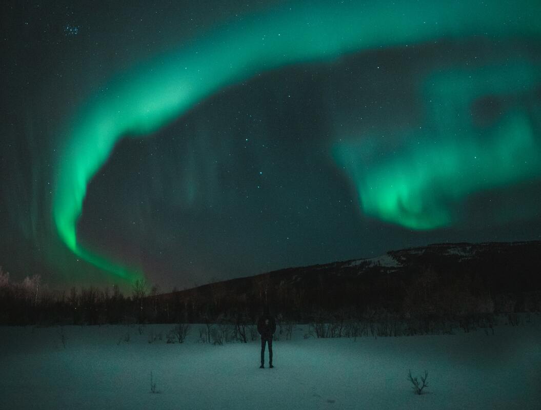 северное сияние, снег, звезды, звездное небо