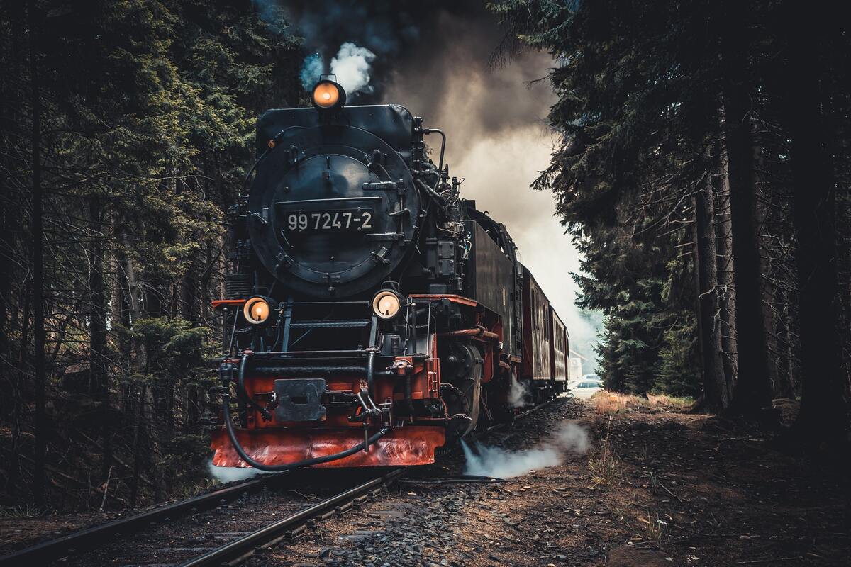 поезд, рельсы, деревья, лес, ретро
