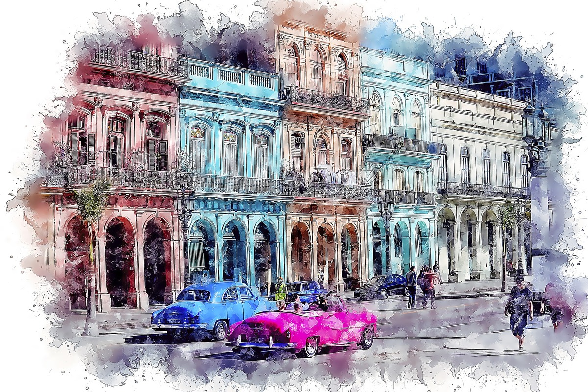 город, архитектура, машины, живопись, акварель