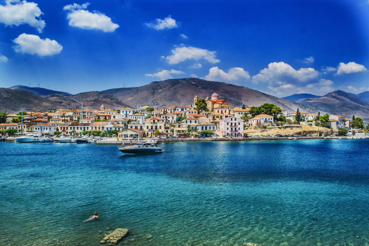 море, лодка, горы, облака, небо