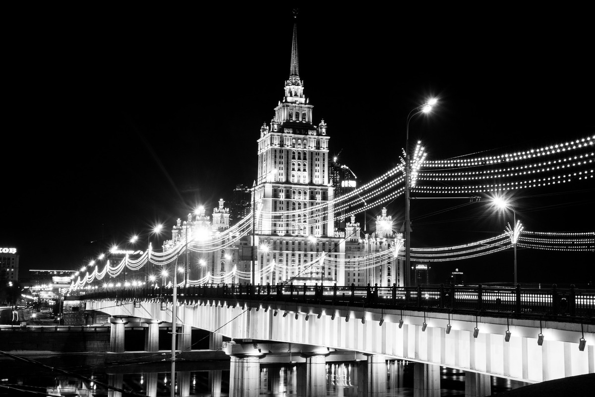 город, архитектура, мост, река, ночной город, Москва, черно белые
