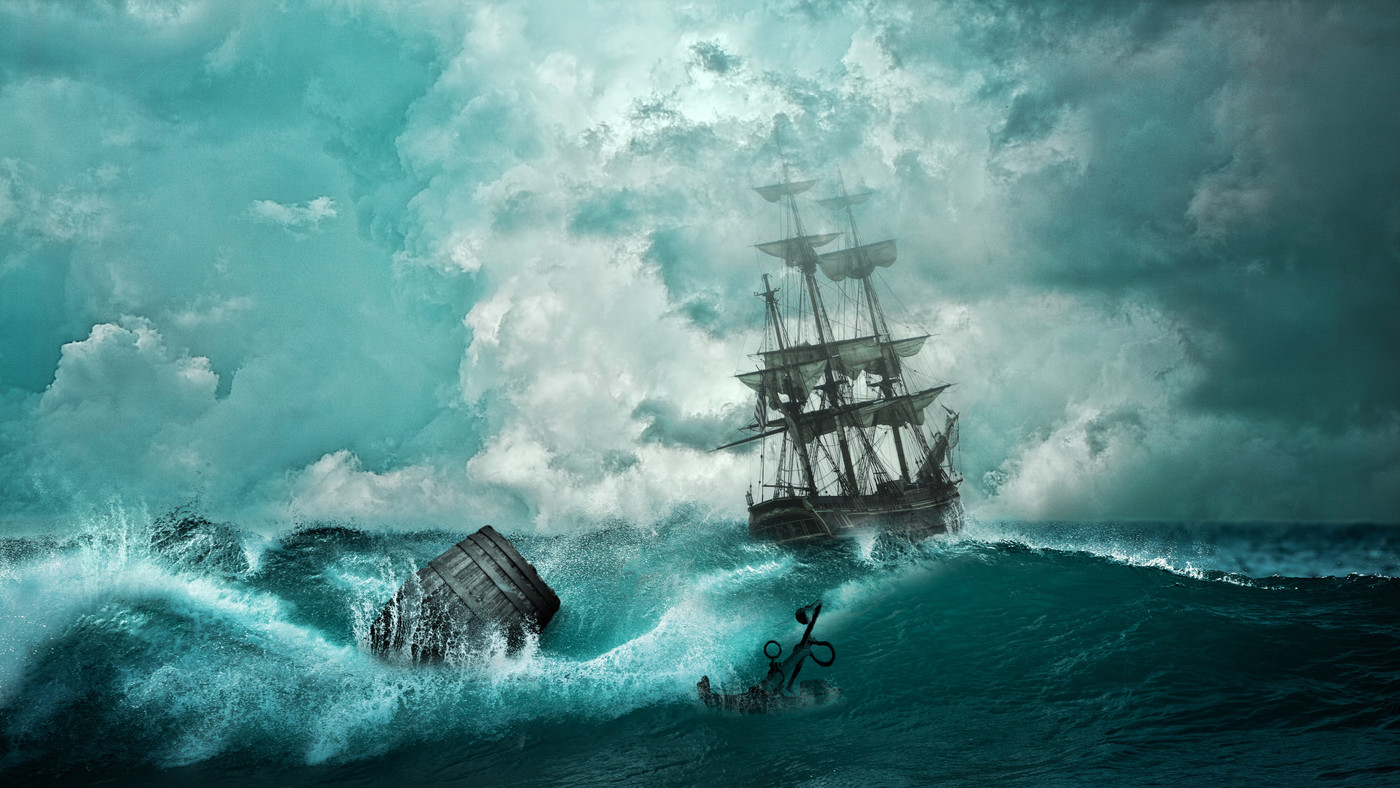 корабль, море, гроза, 3д,3d, шторм, буря