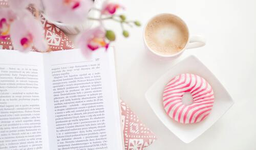 розовые, книга, белые, кофе