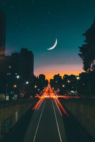 город, ночной город, трасса, магистраль, дорога, луна, огни