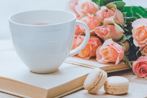 цветы, розы, розовые розы, букет, чашка, кофе