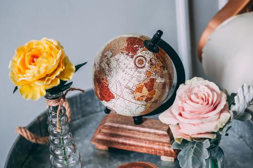 глобус, земля, карта, антиквариат, розы, цветы