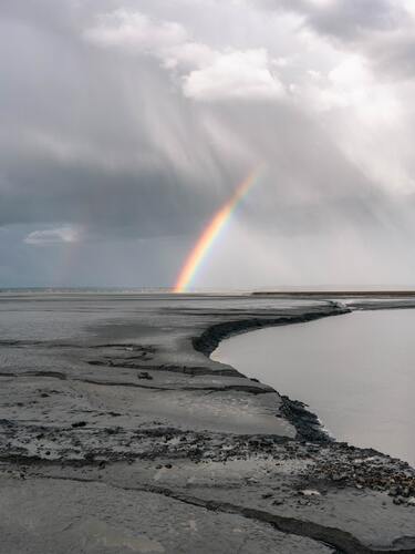 радуга, берег моря, черно белые
