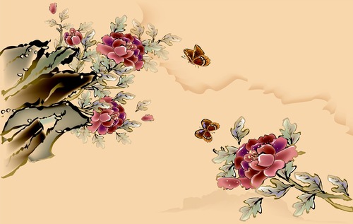 цветы, пионы, живопись, бабочки, акварель