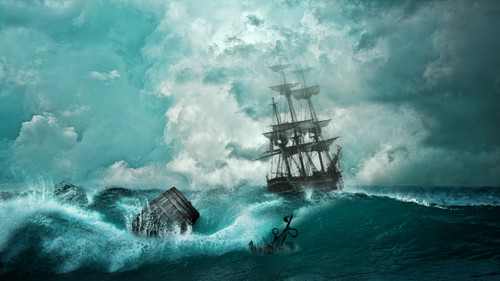 корабль, море, гроза, 3д,3d, шторм, буря