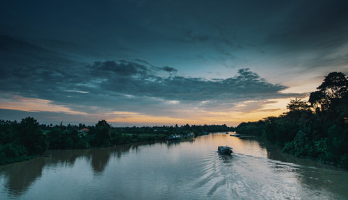природа, река, закат, паром, небо, деревья